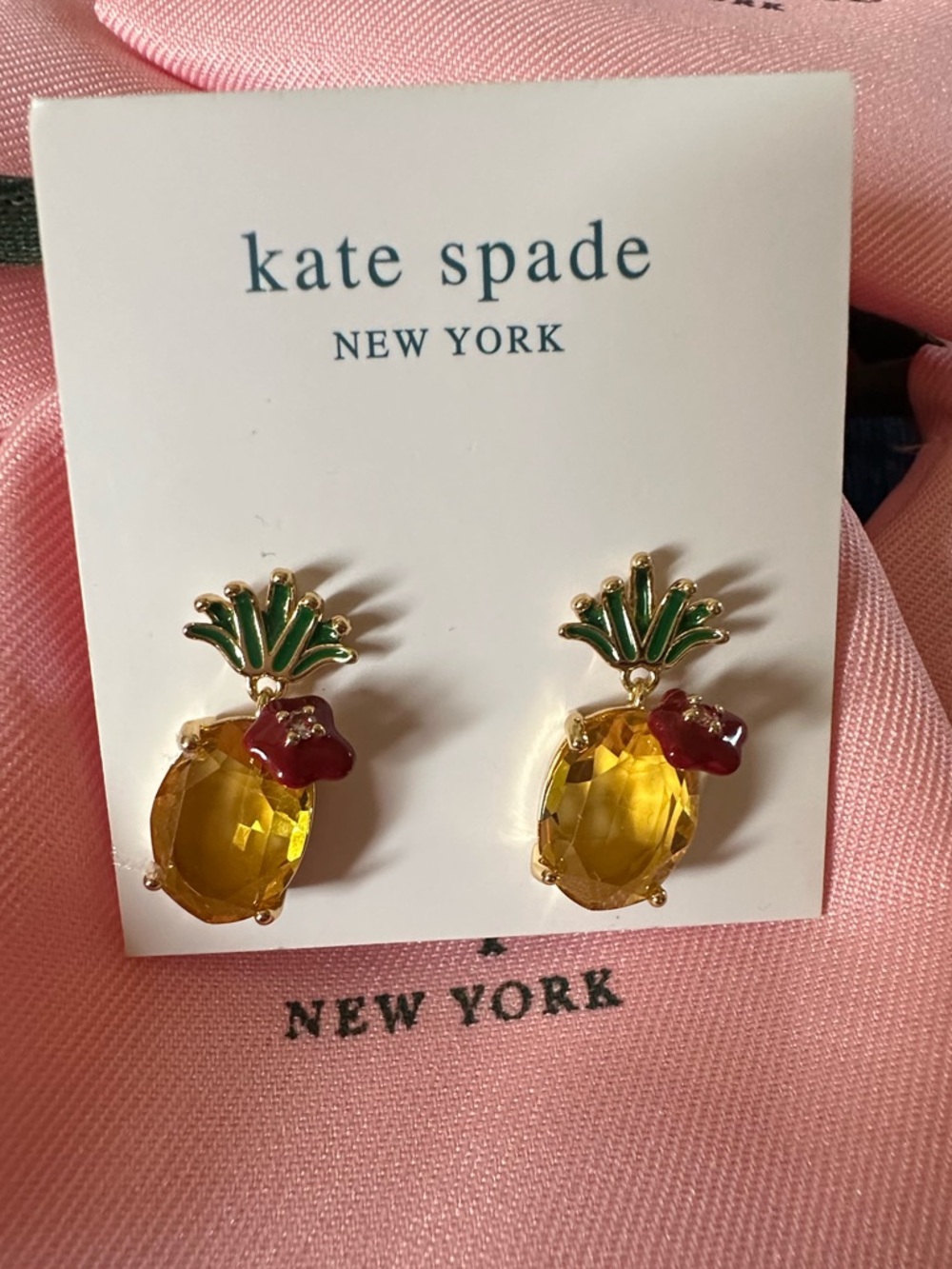 Kate Spade Pineapple Stud Earrings Yellow & Red‎ flower accents NEW